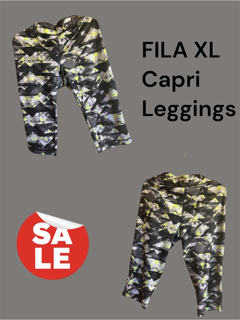 Fila Black & Neon Green Geometric Capri Leggings XL